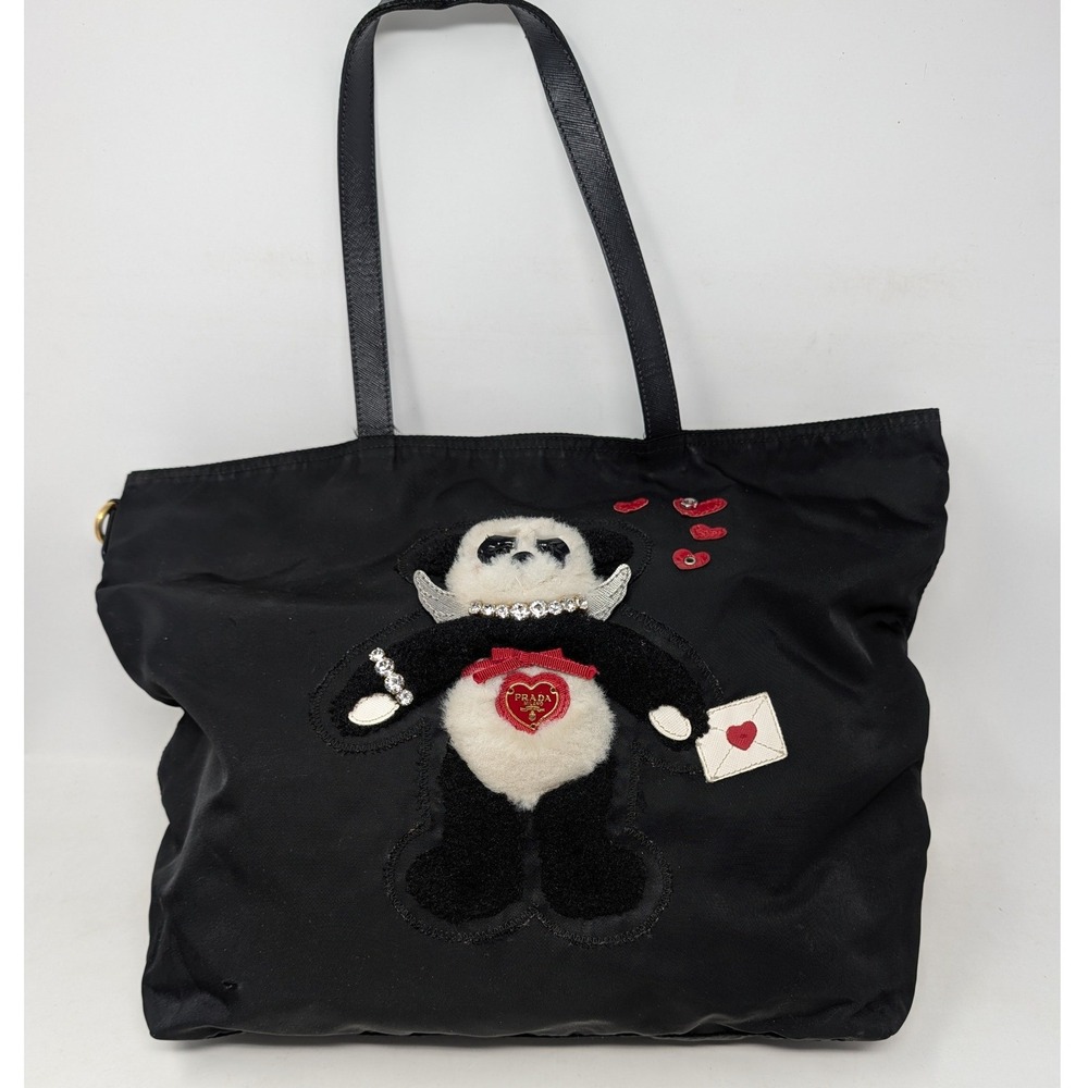 Prada Tessuto Black Nylon Panda Heart Tote Bag Limited Edition Authentic